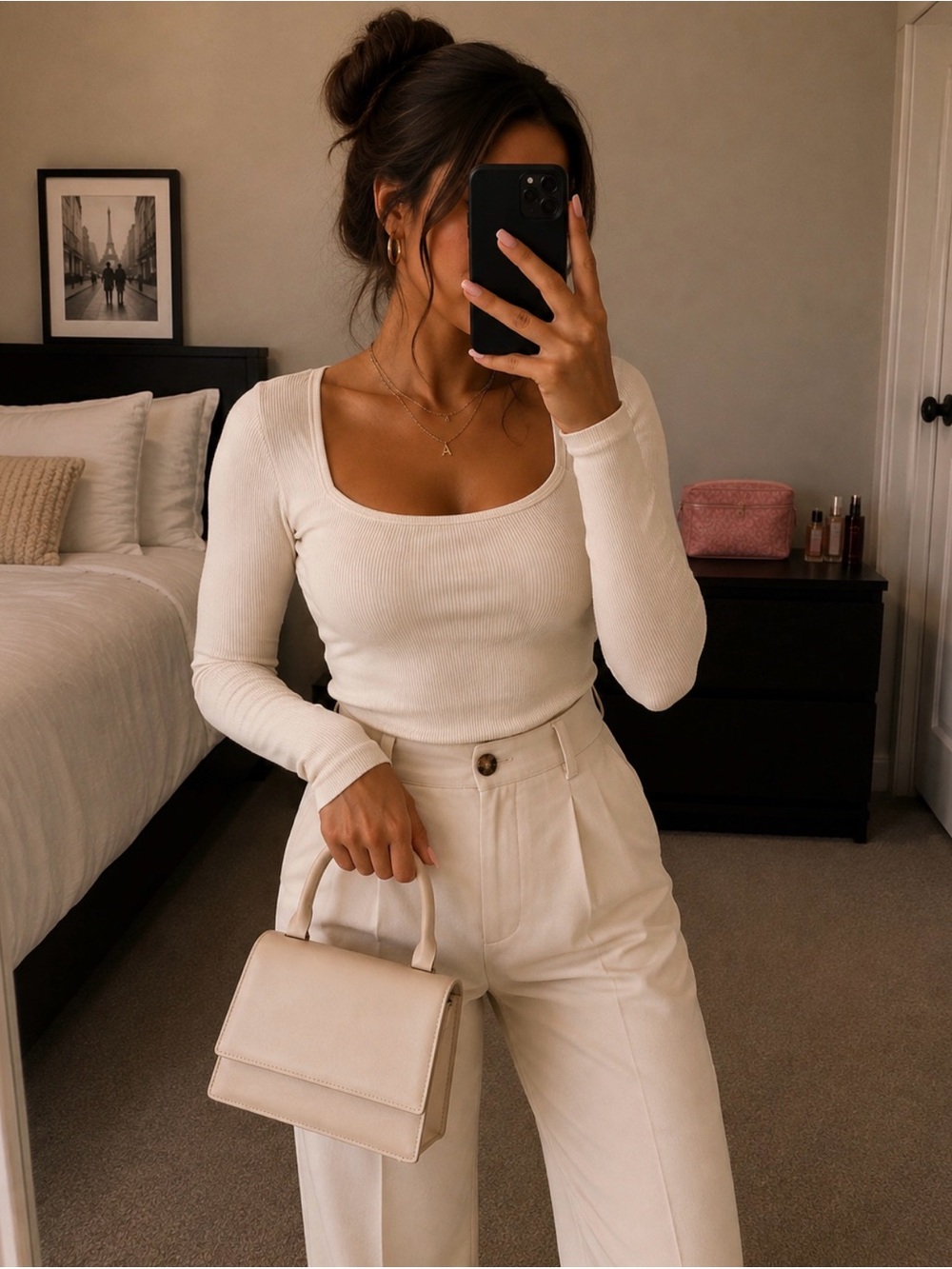 Elegant Cream Structured Top-Handle Bag